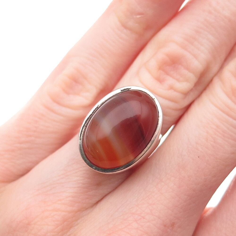 925 Sterling Silver Vintage Real Cabochon Agate Modernist Ring Size 4.5